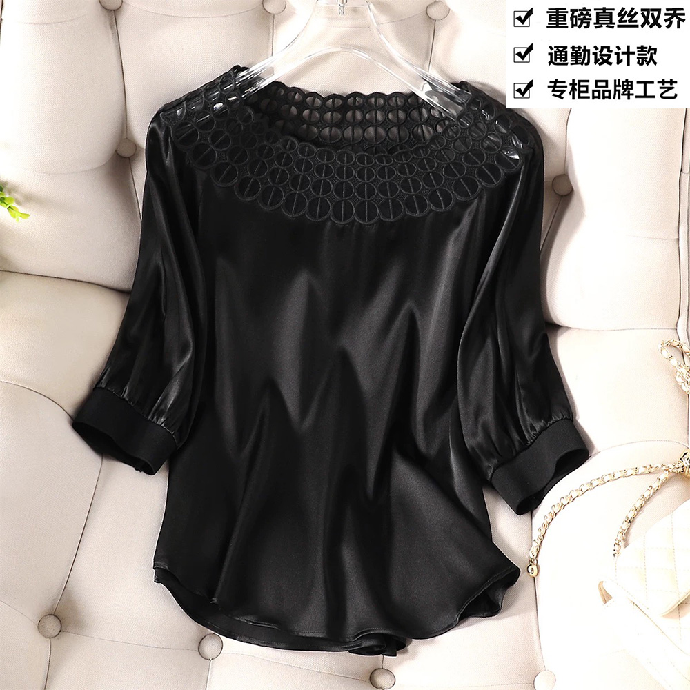 重磅真丝双乔法式天鹅颈镂空洋气网纱刺绣T恤女上衣ZKF78