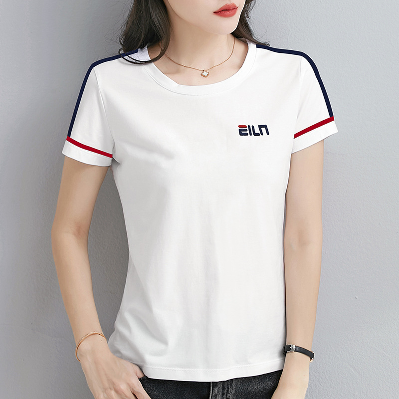 圆领短袖T恤女2024新款夏季修身显瘦上衣时尚洋气拼色妈妈体恤衫
