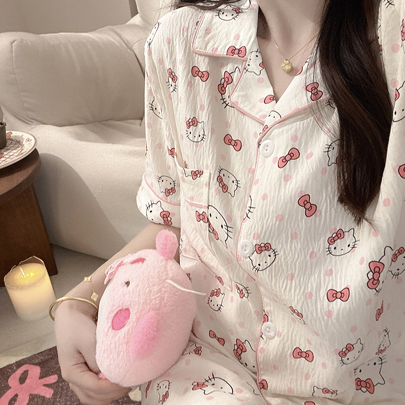 蝴蝶结kitty三件套短袖睡衣女春秋夏短袖长裤三件套装卡通家居服