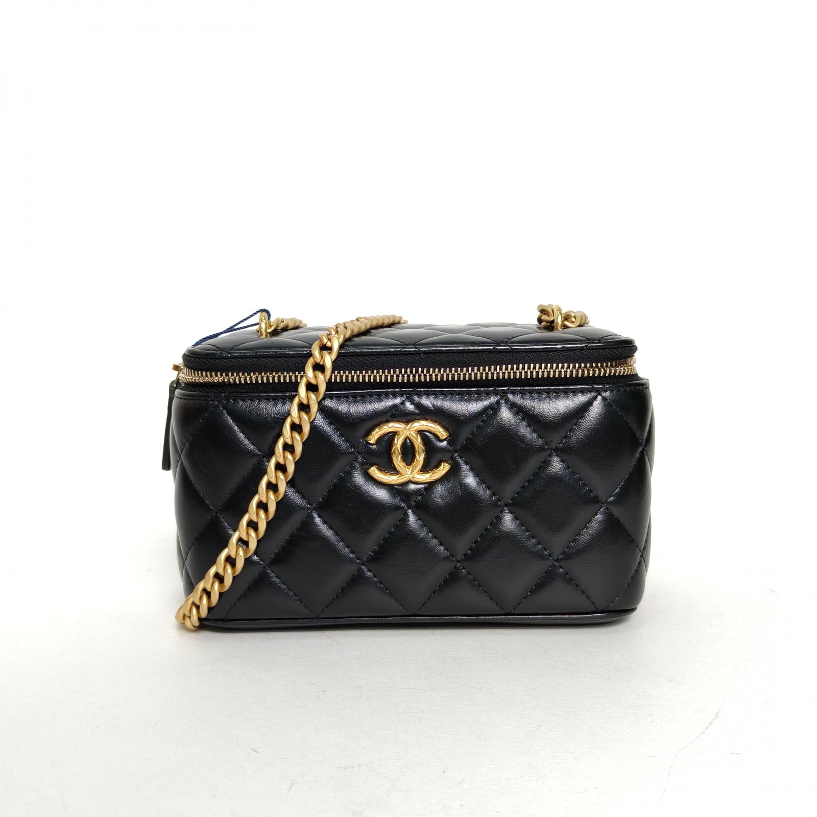 95新 Chanel/香奈儿 花花23C 长盒子化妆包 带镜子 黑色 皮革S 