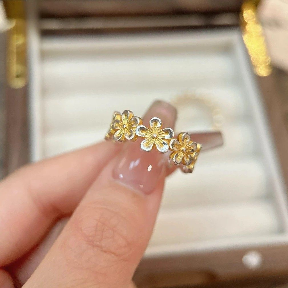 999 银樱花戒指古法描金雕刻民族风百搭简约活口指环