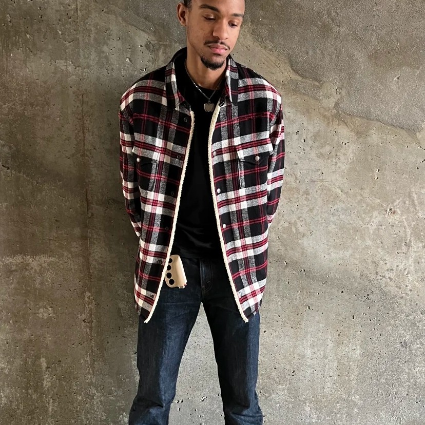 99新 YSL/圣罗兰 Saint Laurent SLP 羊羔绒内里格纹衬衫外套 L码
