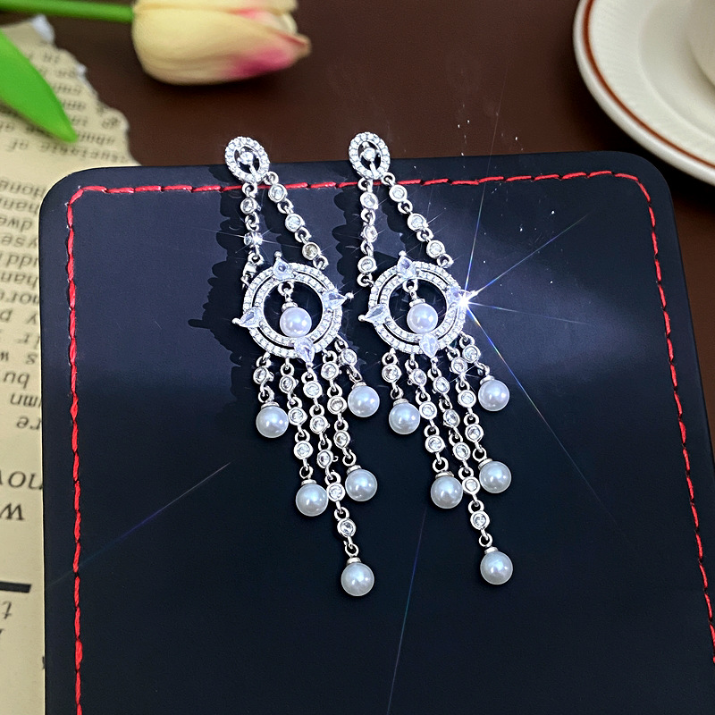 纯铜锆石耳饰 欧美大气夸张耳环长款流苏重工宴会百搭耳饰