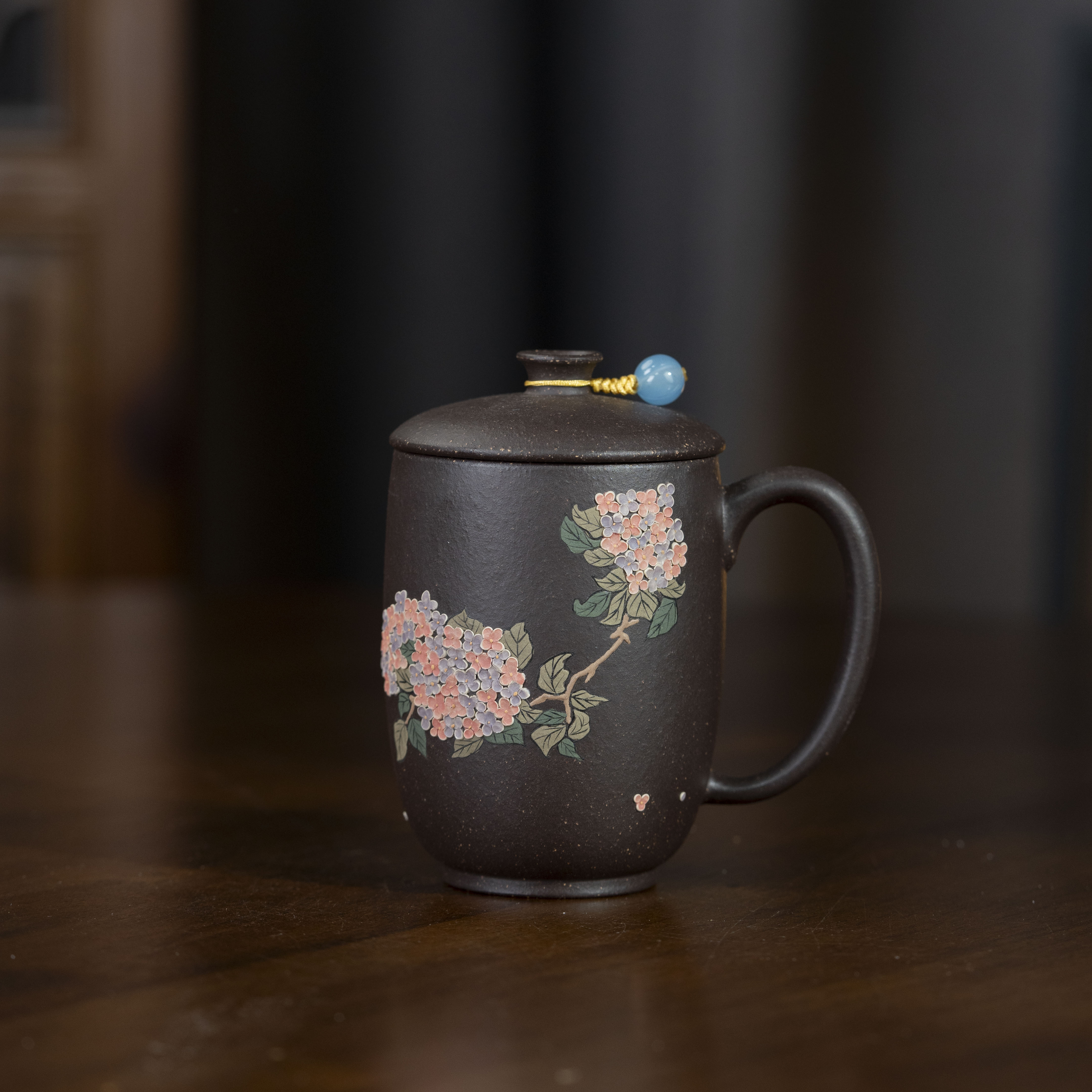 【亦缶】绣球花盖杯 乌金砂 180cc 紫砂盖杯家用茶具