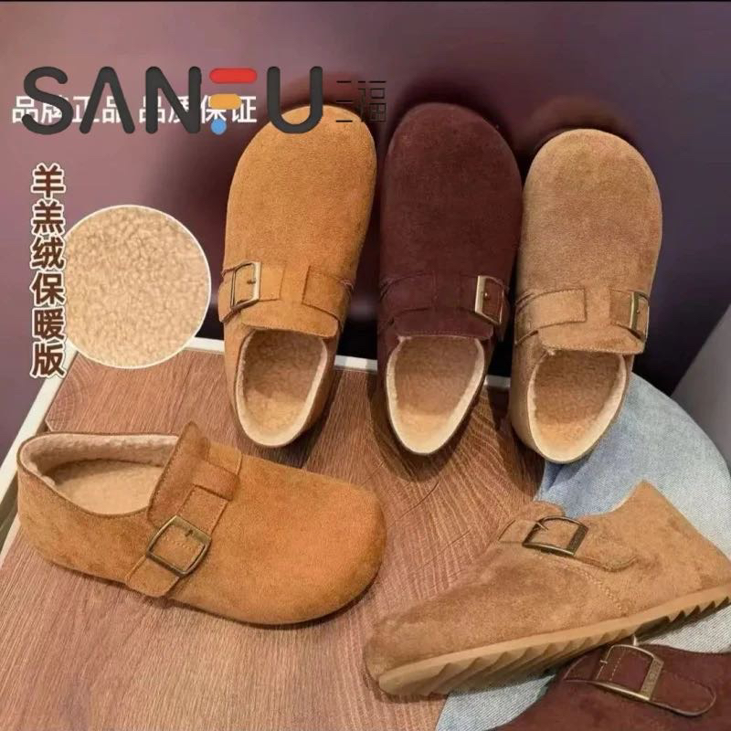 三福新款勃肯鞋女复古圆头一脚蹬毛毛鞋女加绒加厚冬季保暖豆豆鞋