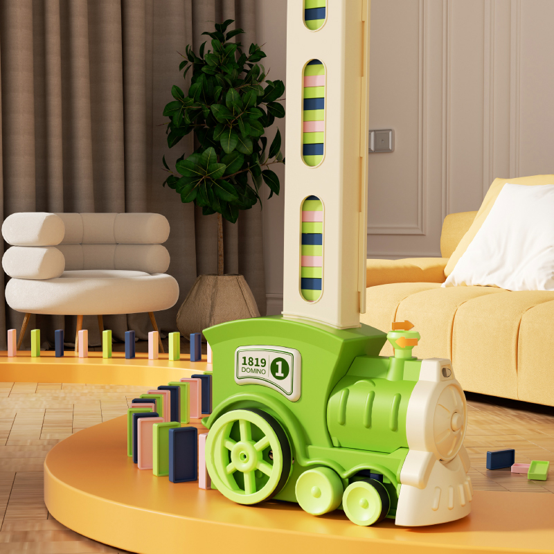 儿童玩具多米诺骨牌电动绿色小火车自动投发放车积木男孩女孩玩具