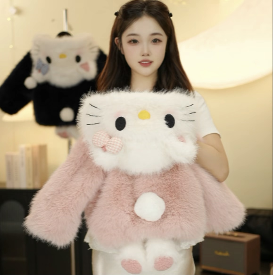 女童毛毛衣可爱2025新款儿童连帽保暖加绒加厚冬季女宝宝冬装外套