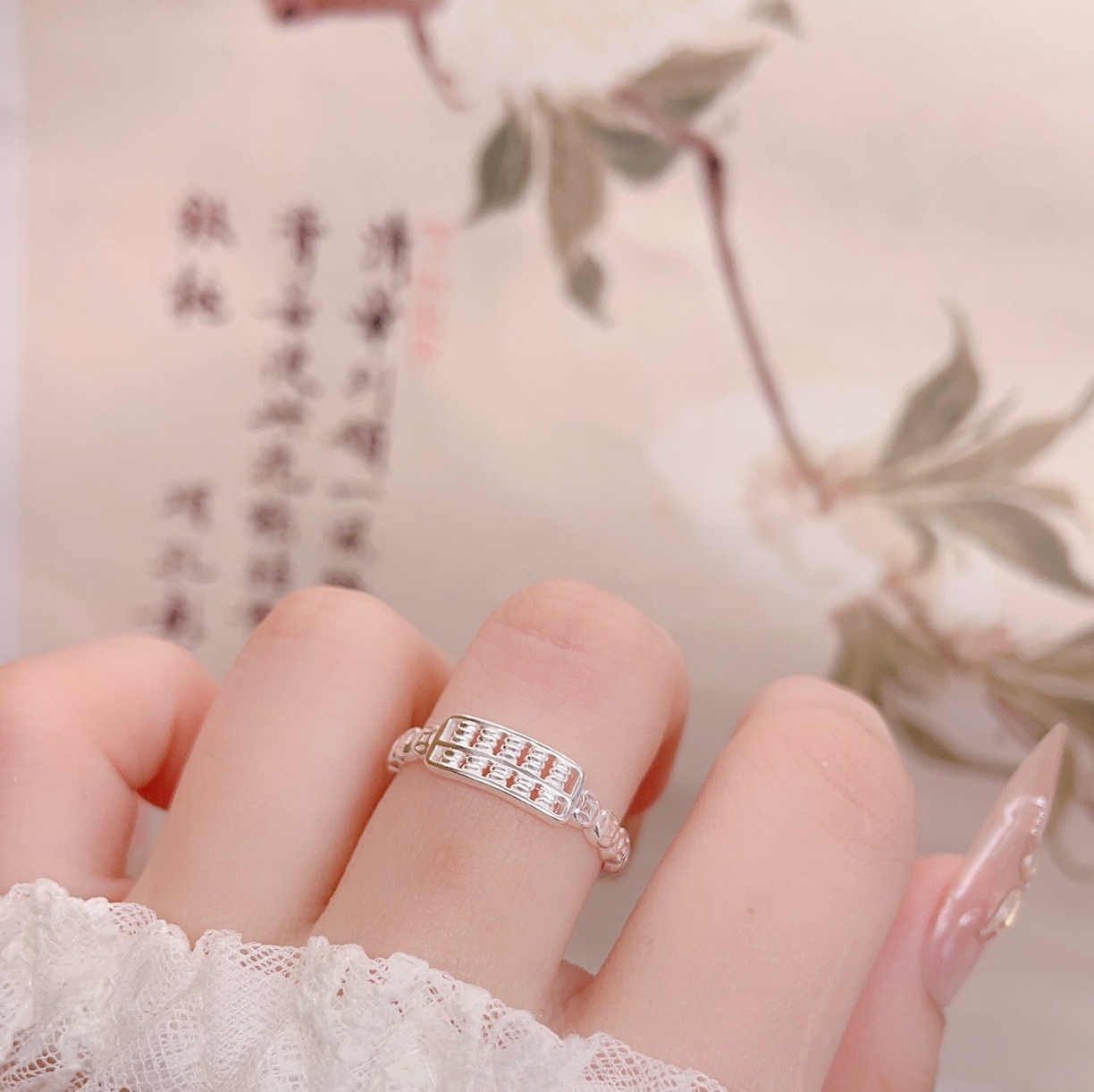 足银戒指 990纯银简约轻奢算盘戒指女时尚森系开口可调节