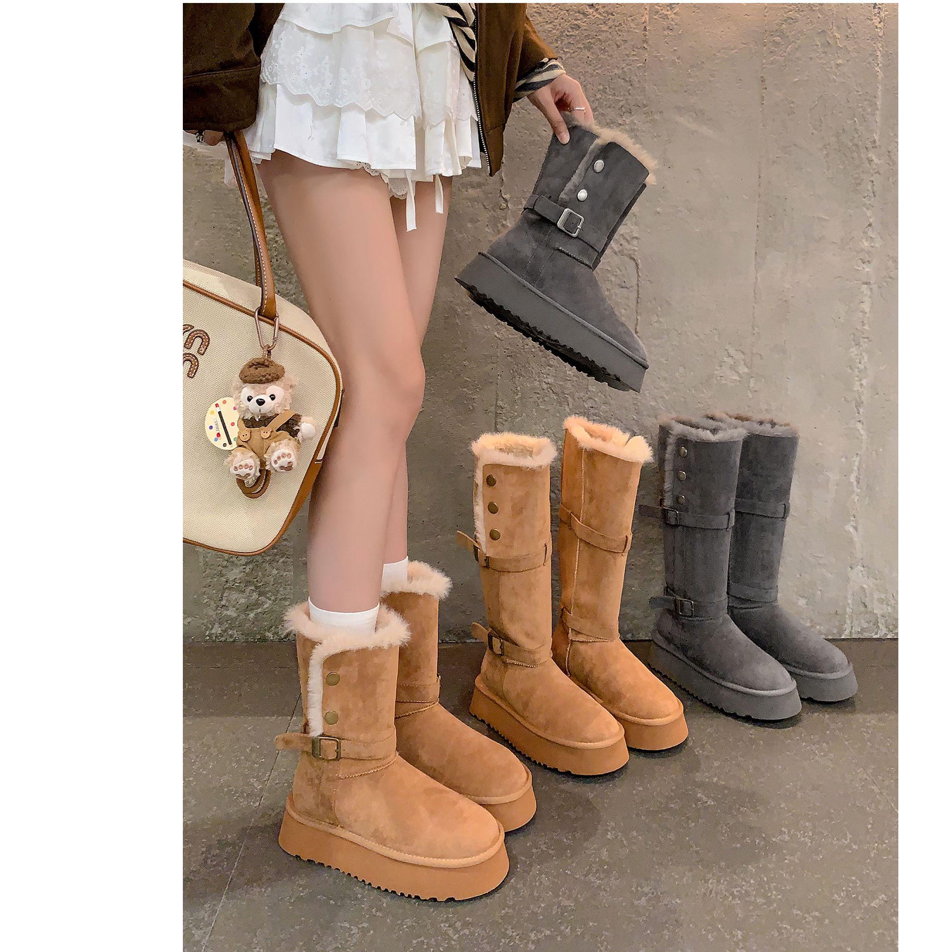 新款厚底雪地靴子女美拉德棕色长靴保暖加绒加厚东北棉鞋灰长筒靴