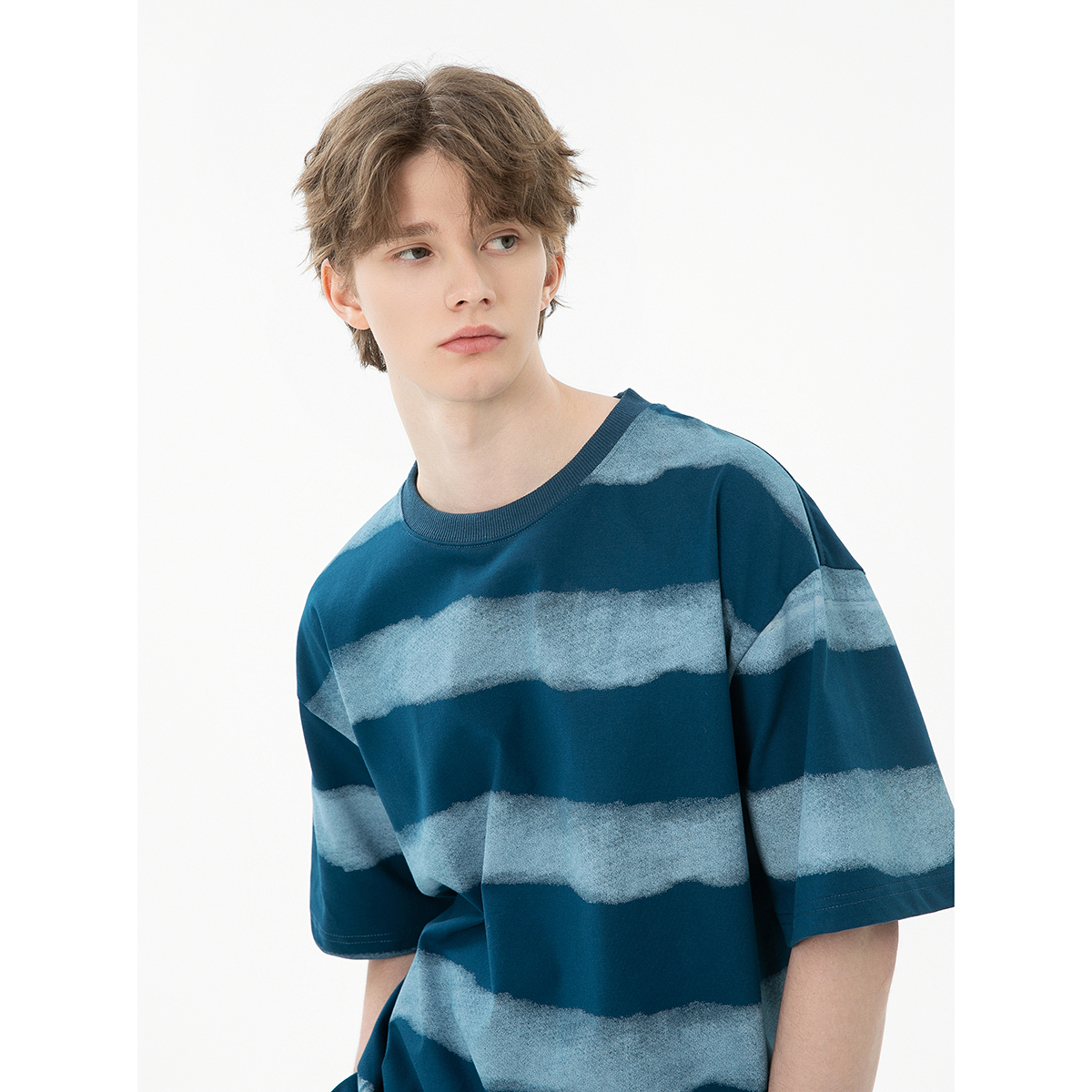 Jaaniste夏季撞色条纹短袖圆领男宽松t恤男女同款百搭高克重半袖