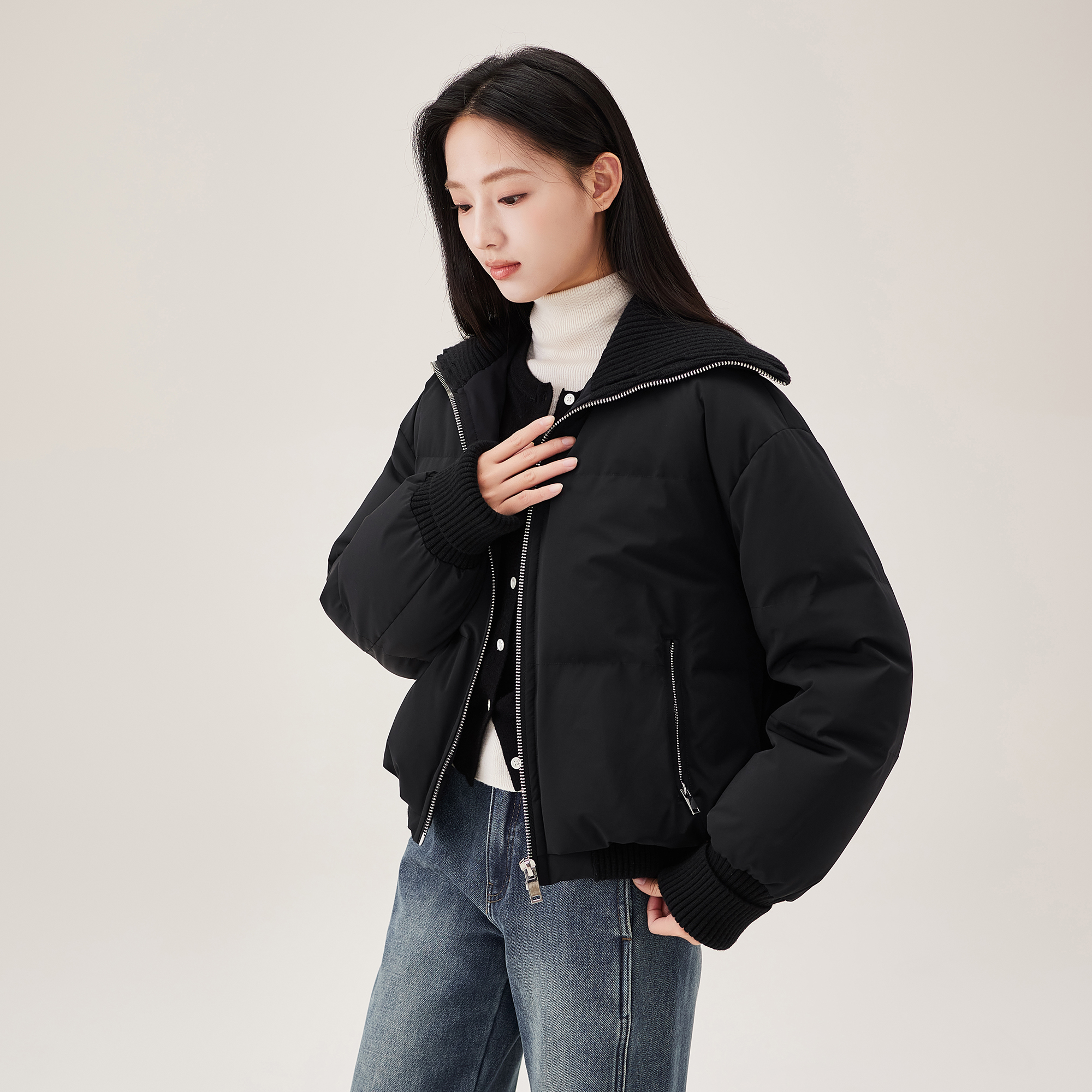 索菲丝尔2025冬季新宽松显瘦加厚保暖休闲拼接短款羽绒服女545019