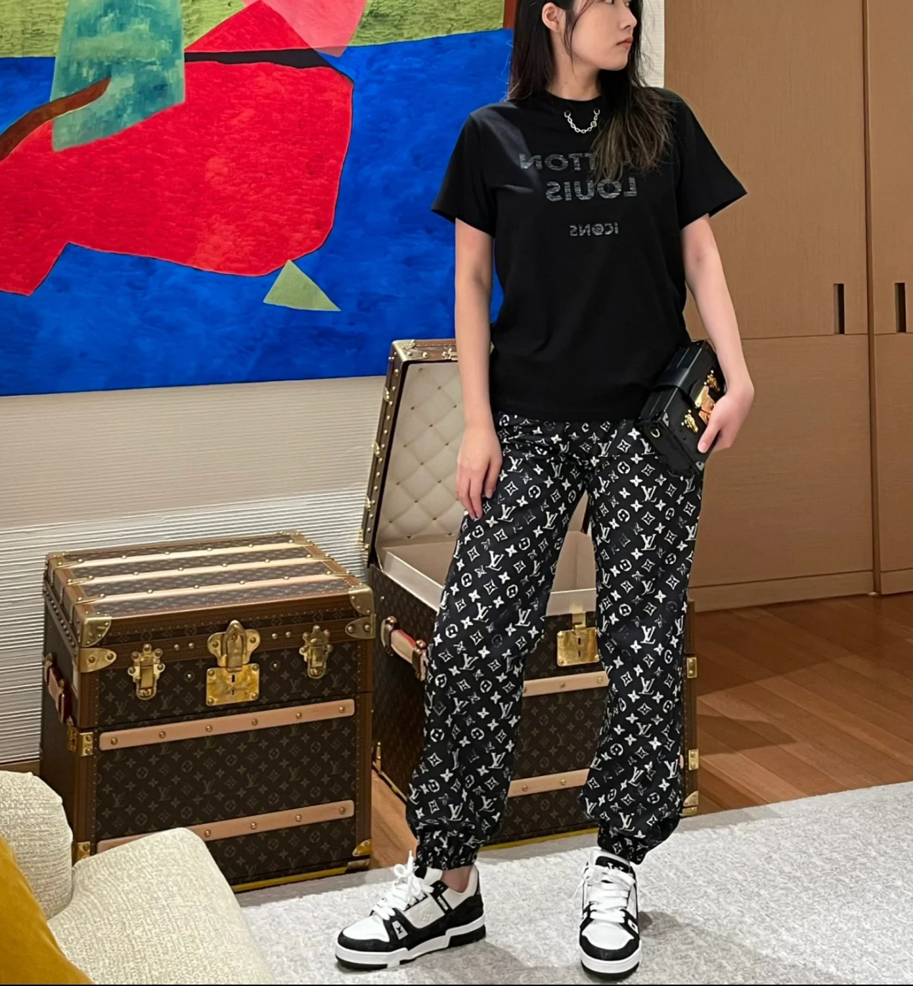 95新 LouisVuitton/路易威登 cc944 锦纶 老花满印慢跑裤 34码