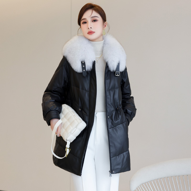 海宁冬装真皮羽绒服女中长款新款外套头层绵羊皮狐狸毛领