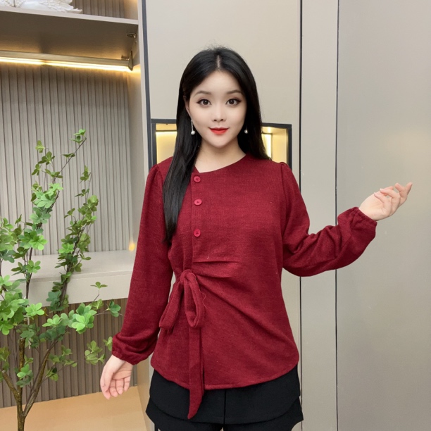 加厚秋三扣侧绑带开衩不规则长袖女显瘦时尚百搭短款上衣