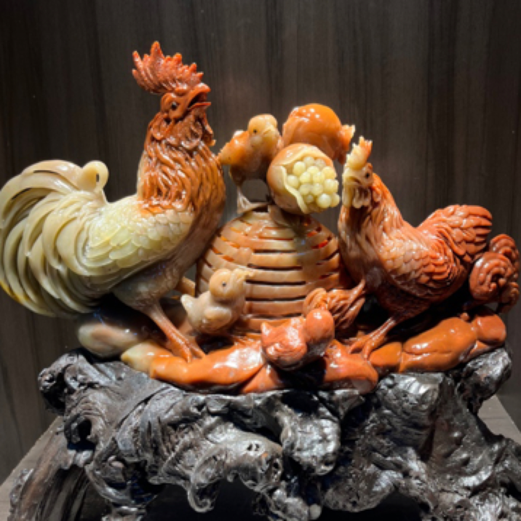 寿山石金鸡报喜摆件全家福家居装饰乔迁礼品