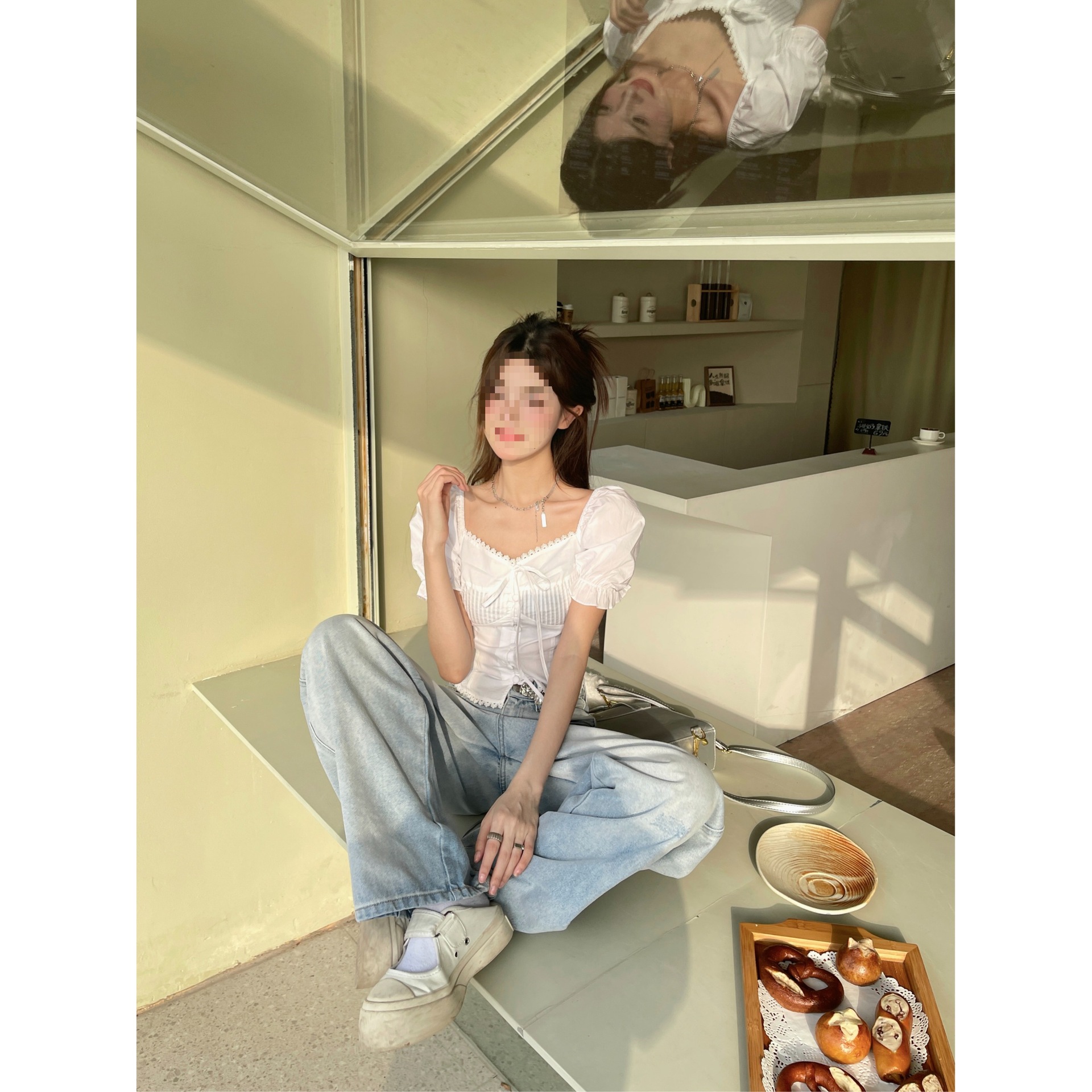 法式白色泡泡袖衬衫女装夏季设计感小众衬衣减龄系带小衫短款上衣