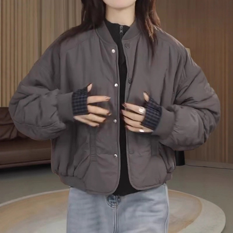 韩系小个子抽褶设计纯色棉服外套女宽松显瘦百搭休闲简约轻薄棉衣