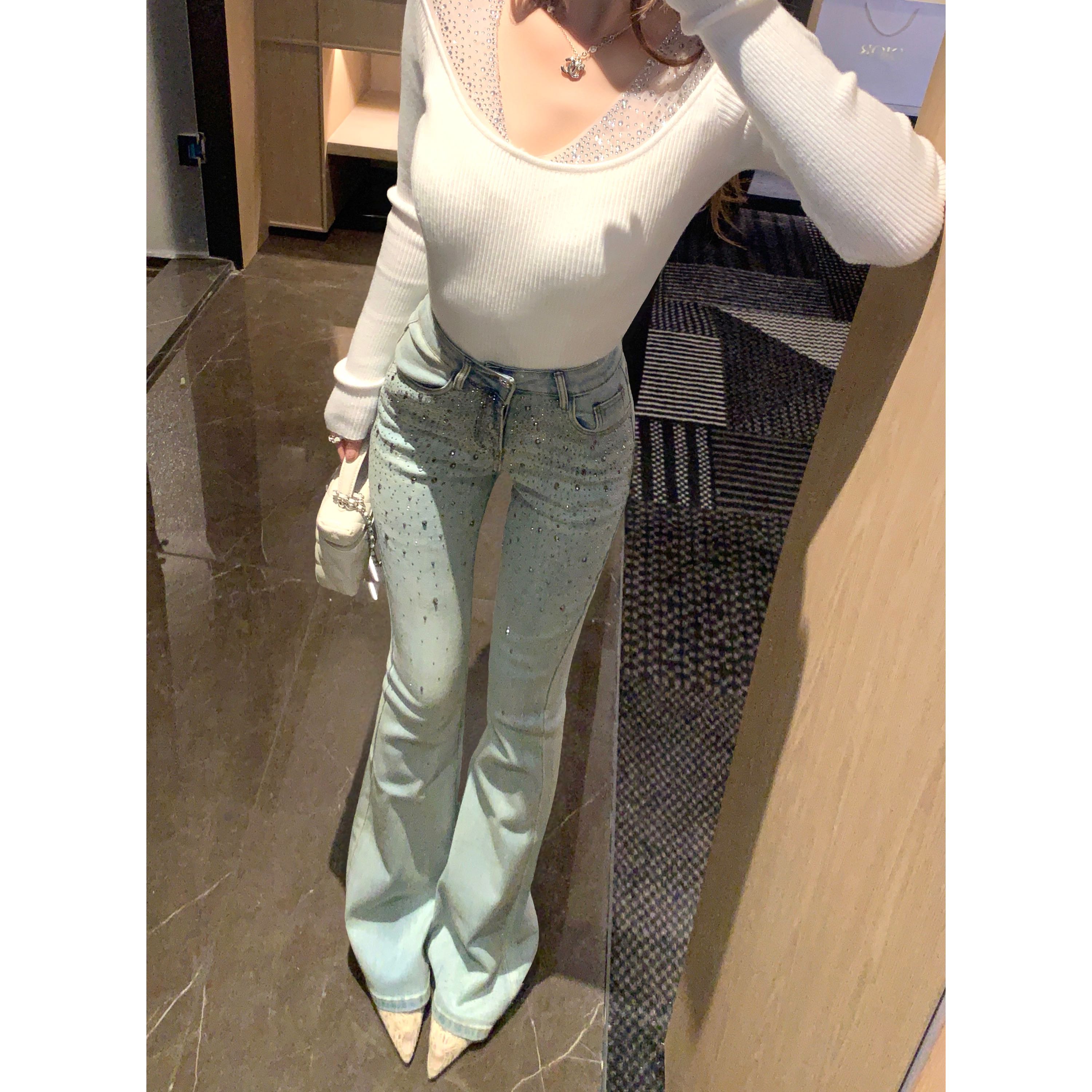 QINER“耀眼腿精·微喇裤”高腰重工烫钻牛仔裤/修身显瘦长裤