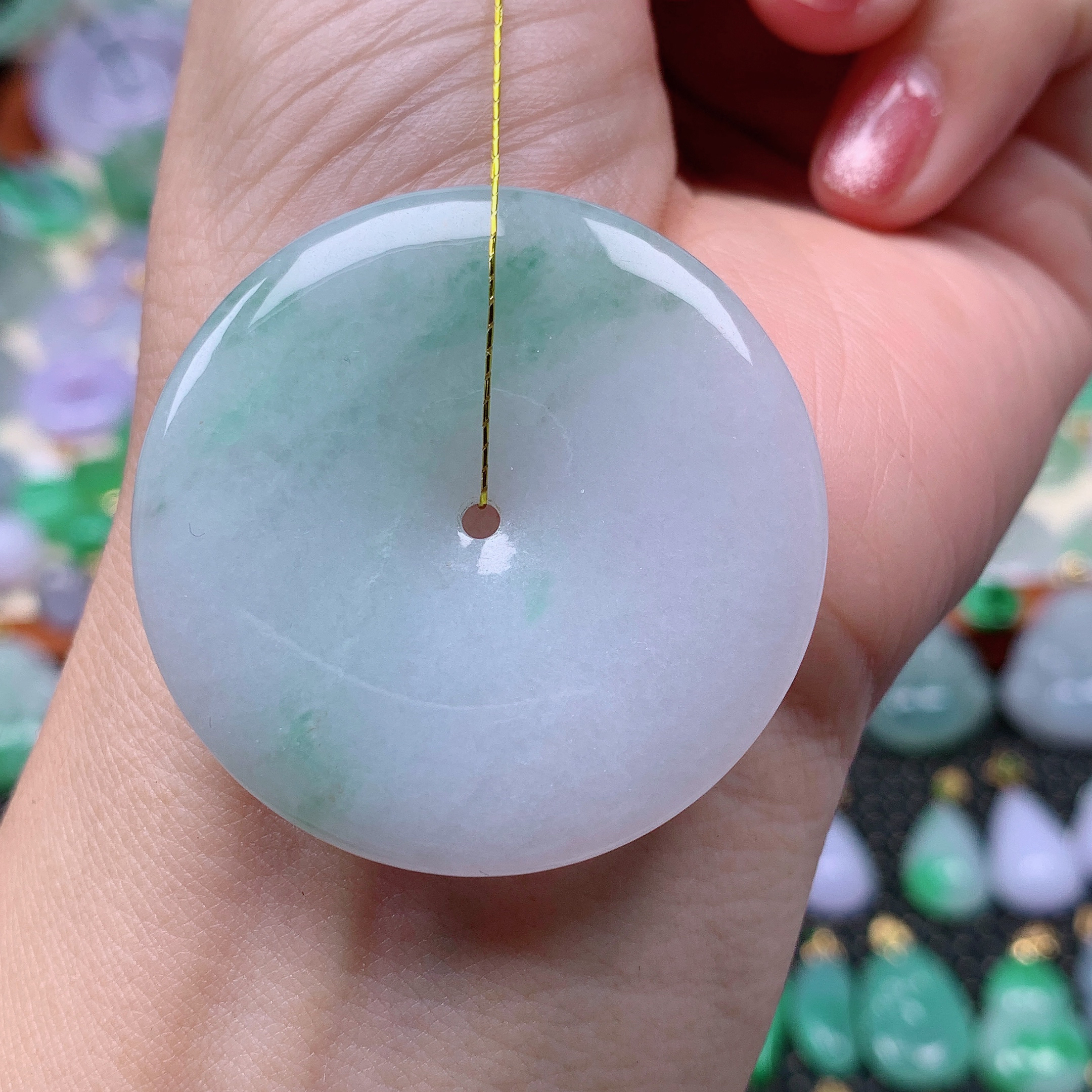 缅甸天然A货翡翠，飘花平安扣 编号446/1203尺41-5.7