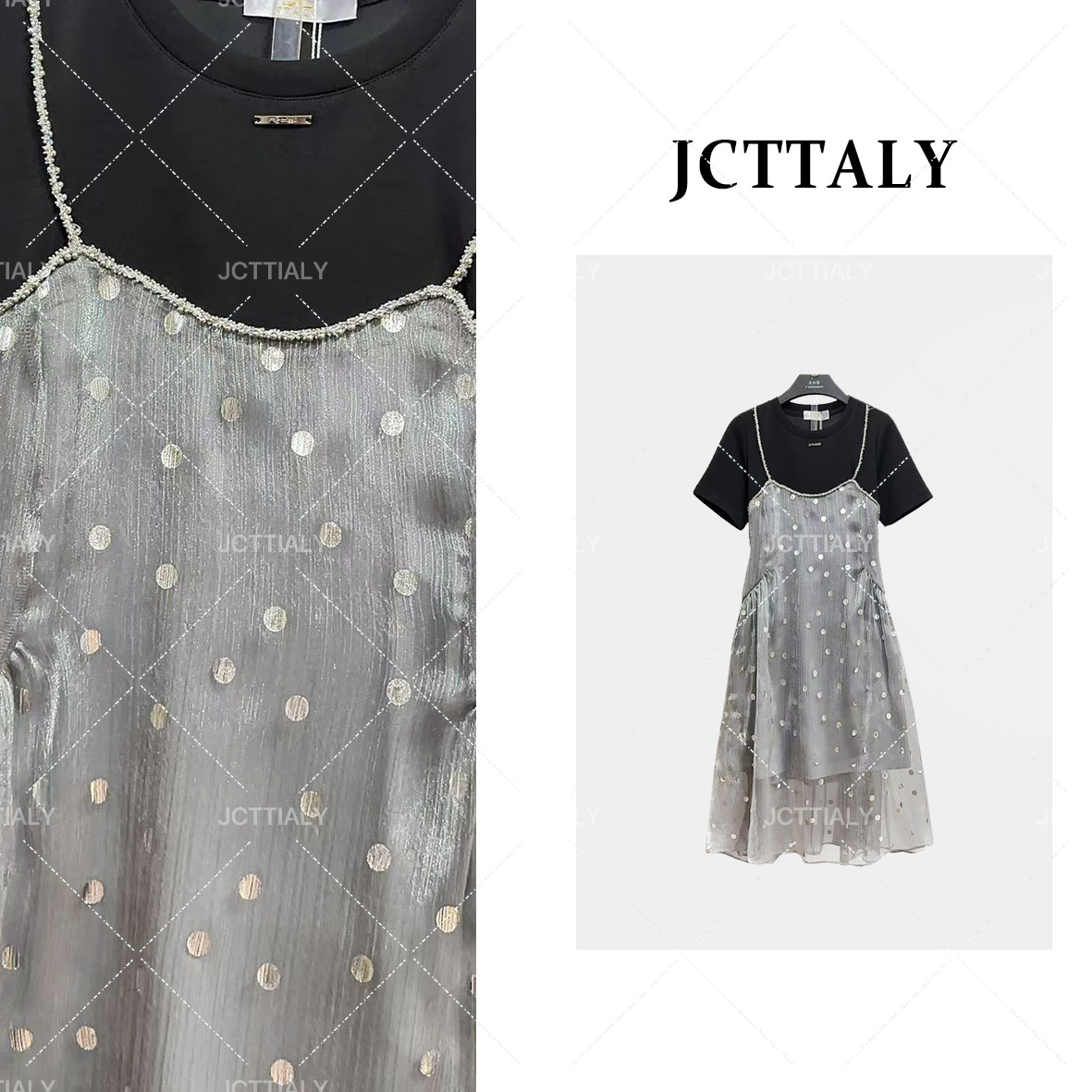 【茶茶】吊带拼接波点假两件纱裙25夏季新款时尚显瘦连衣裙JC-A3079