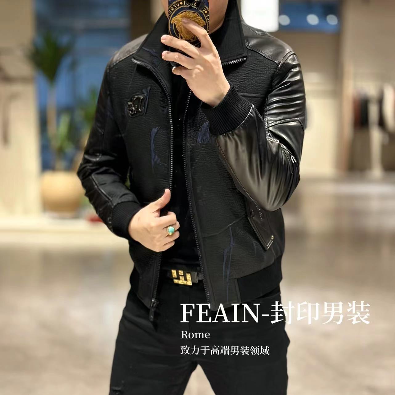 【乔治·雷迪尼】高端定制真皮拼接立领羽绒服253676