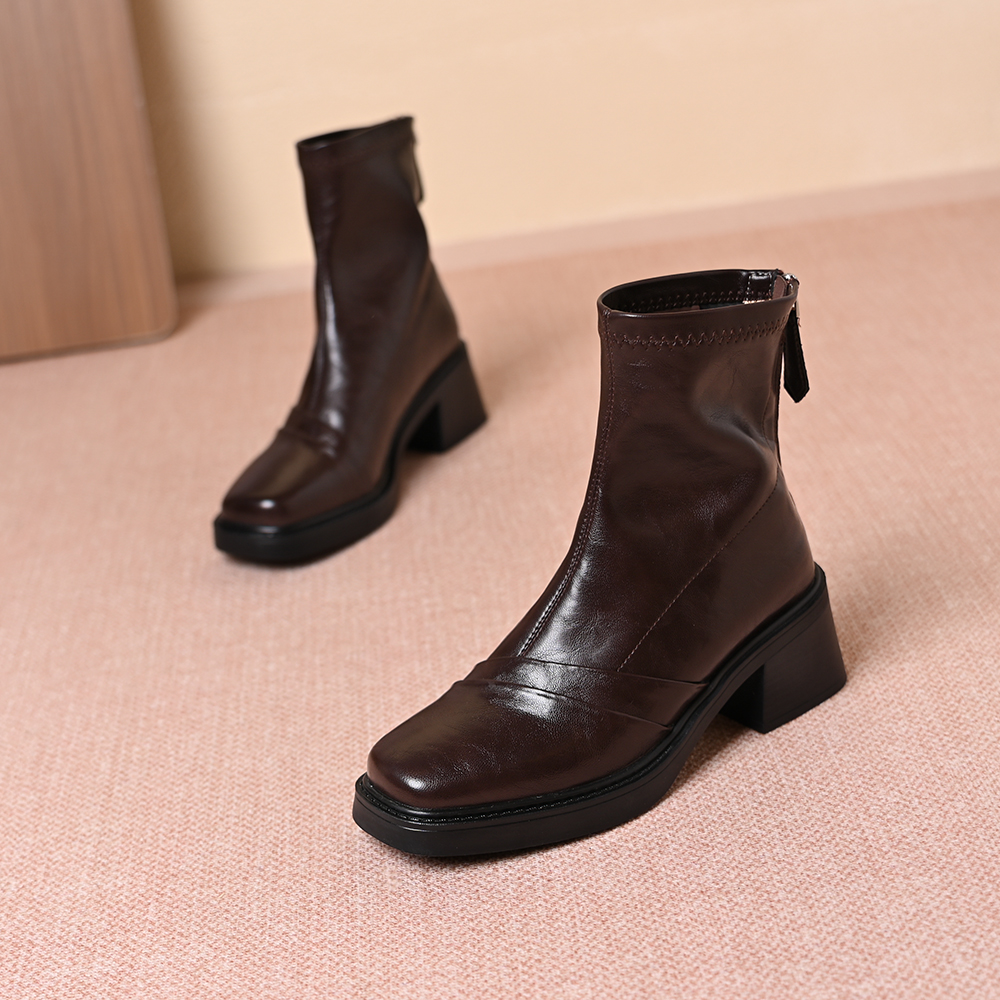 方头后拉链弹力靴女2025秋冬新款瘦瘦靴复古时尚百搭高跟瘦瘦短靴