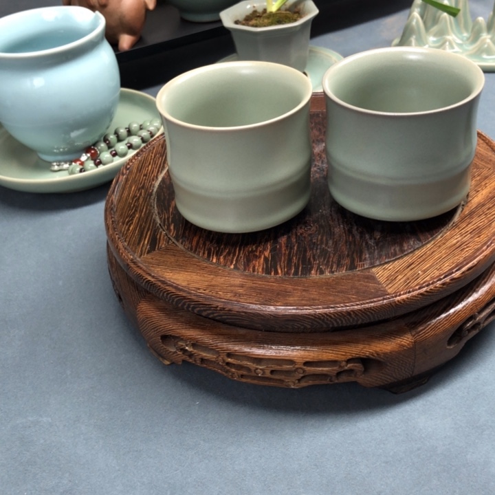 瓷片仿古汝瓷竹节杯一对