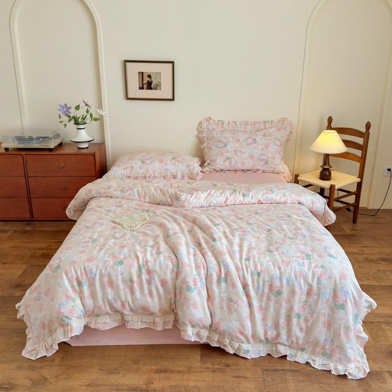 左柚家丨潮汐月影  小清新温柔小碎花全棉双层纱四件套单人三件套