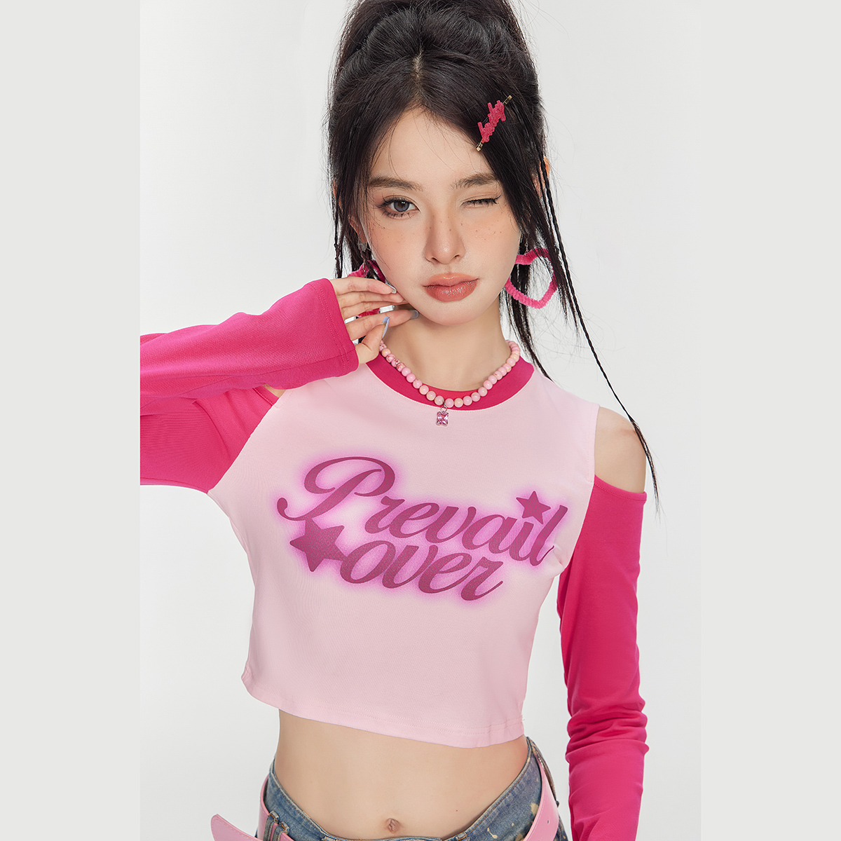 CHiCPARK多巴胺辣妹穿搭插肩袖T恤修身上衣DAT003