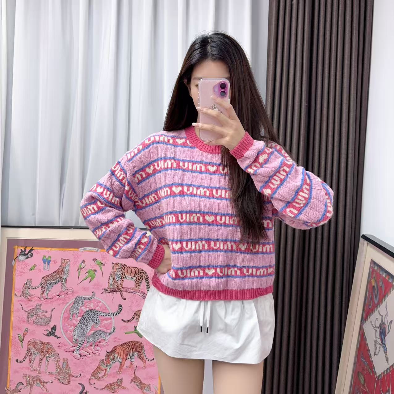 95新 MIU MIU/缪缪 羊毛毛衣44码拼粉色/251208CXQYQ05