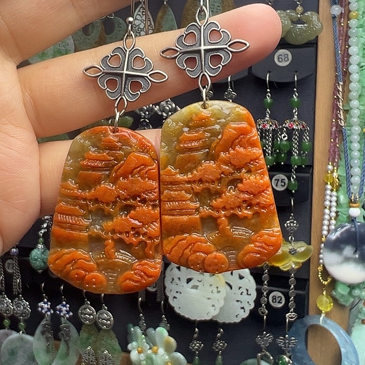 洁***静翡翠银S925镶嵌耳饰