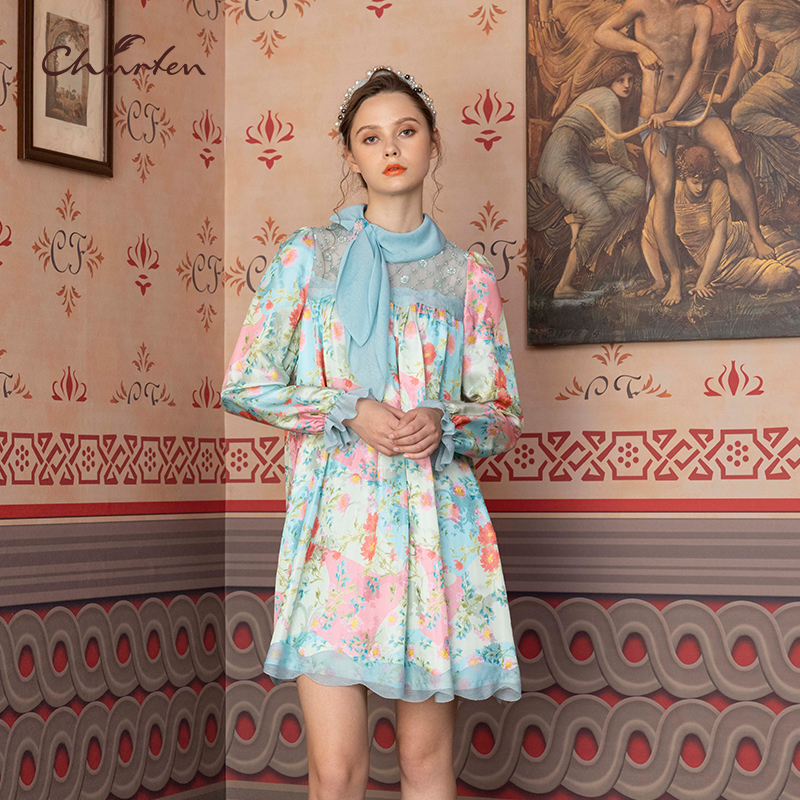 【达人专享】朝峰春印花拼接长袖连衣裙CFD1A101-1002G