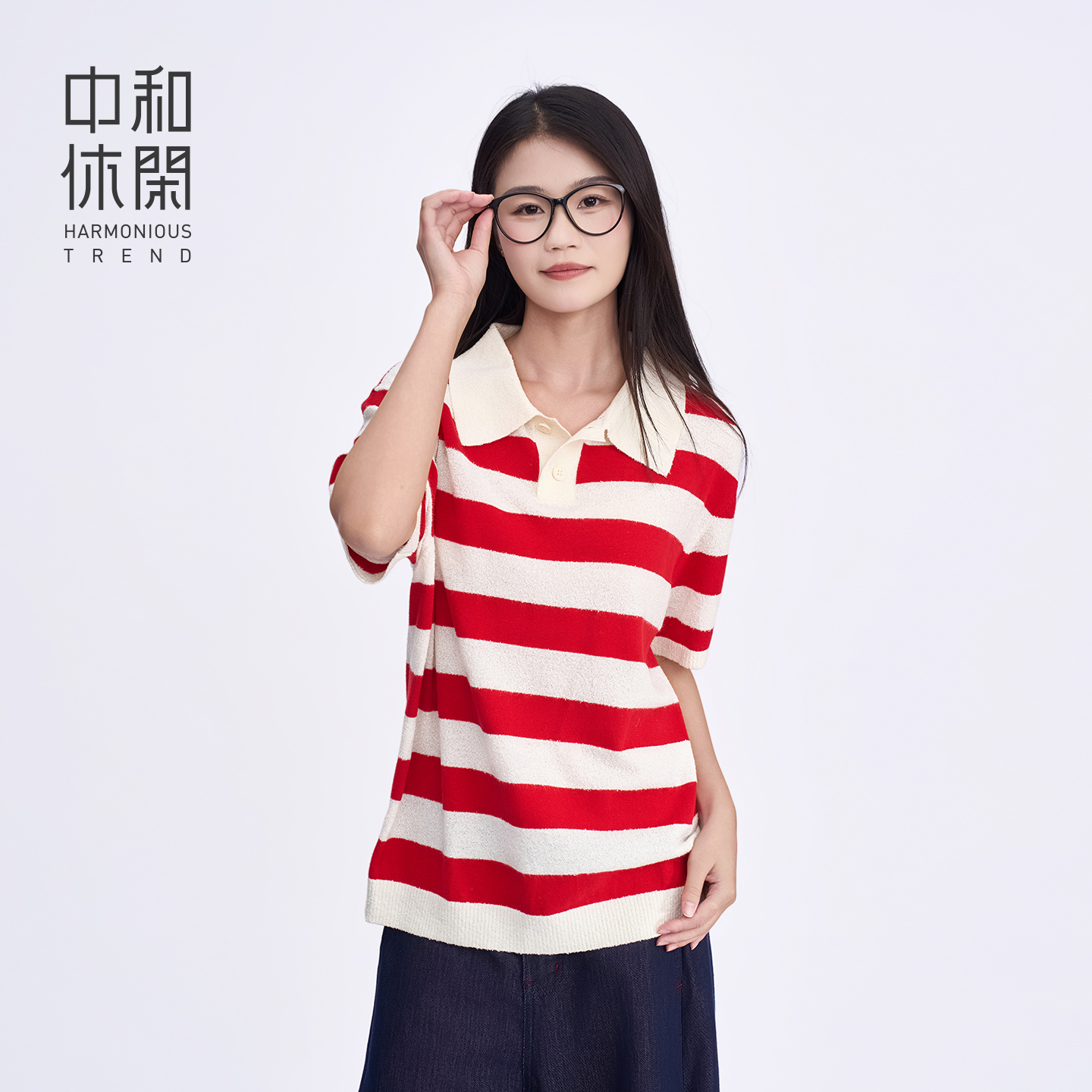中和休闲条纹短袖t恤女2025秋季新款宽松短款polo领小衫撞色上衣
