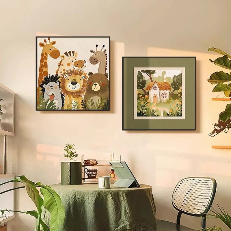 森林动物园奶油风温馨卡通组合装饰画房卧室餐厅客厅画