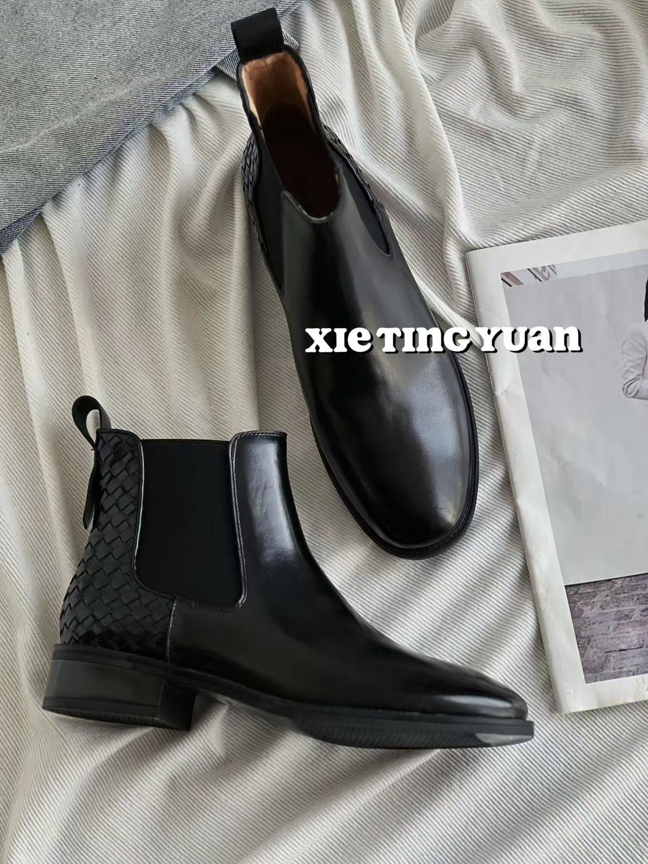 微瑕王炸推荐编织切尔西靴粗跟女靴8069