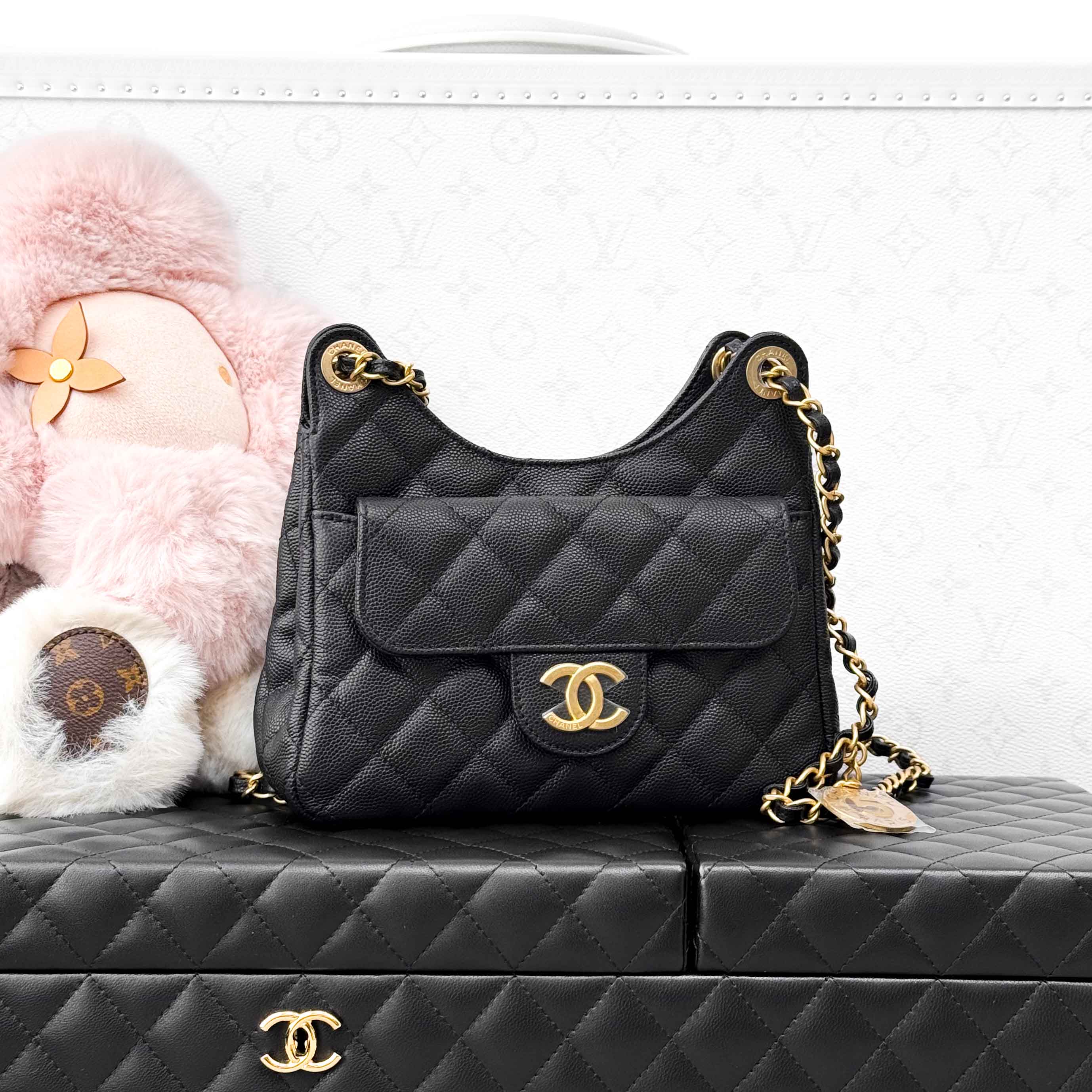 99新 Chanel/香奈儿  23P黑色荔枝皮小号天猫精灵，单肩手拎包