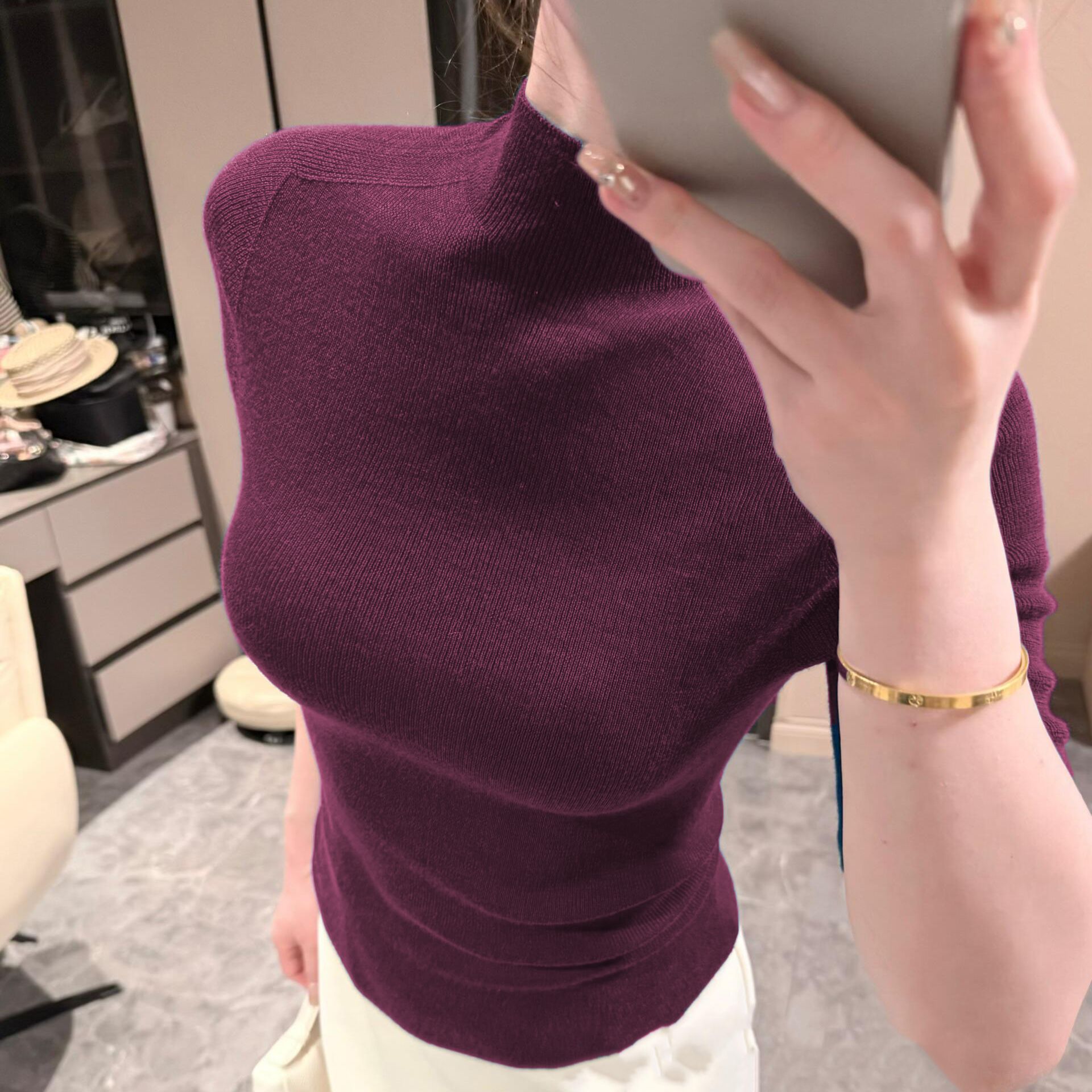 秋季新款高贵紫薄款羊毛韩系中袖半高领针织打底衫气质五分袖上衣