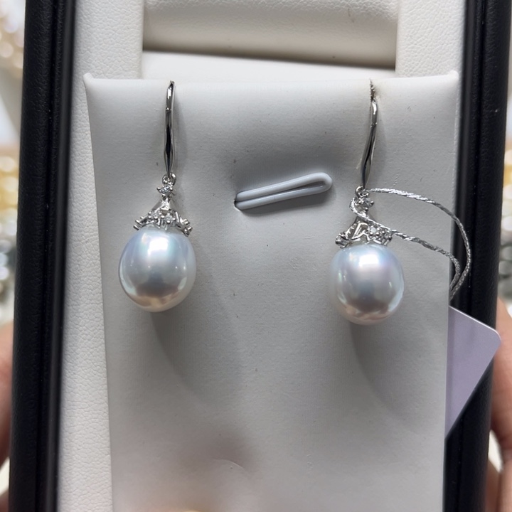海水珍珠上新澳白梨花盖帽耳钩10-11mm银S925镶嵌