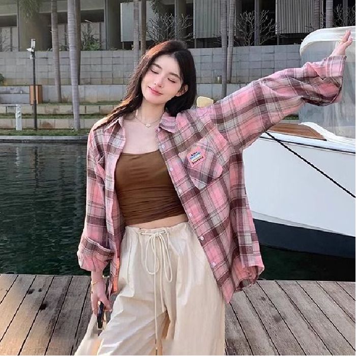 美式复古格子长袖衬衫上衣女春秋设计感小众夏季防晒衣小个子外套