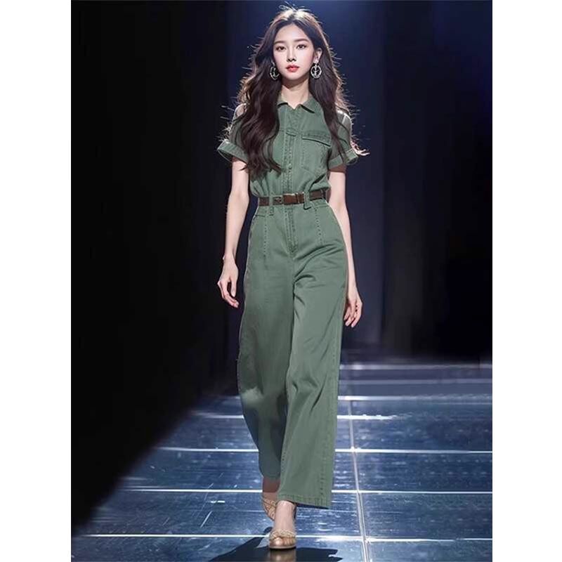 ZYP7614欧货洋气高端女神范绿色连体裤女新款复古时尚高级感裤子