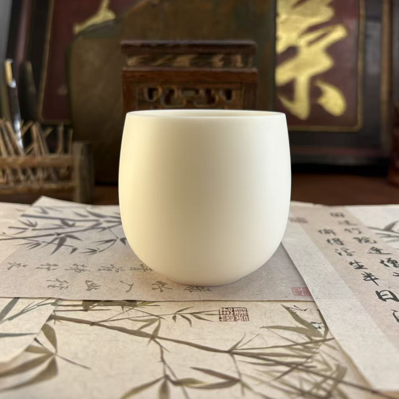 羊脂玉素烧大福桶杯-2136-直播专享