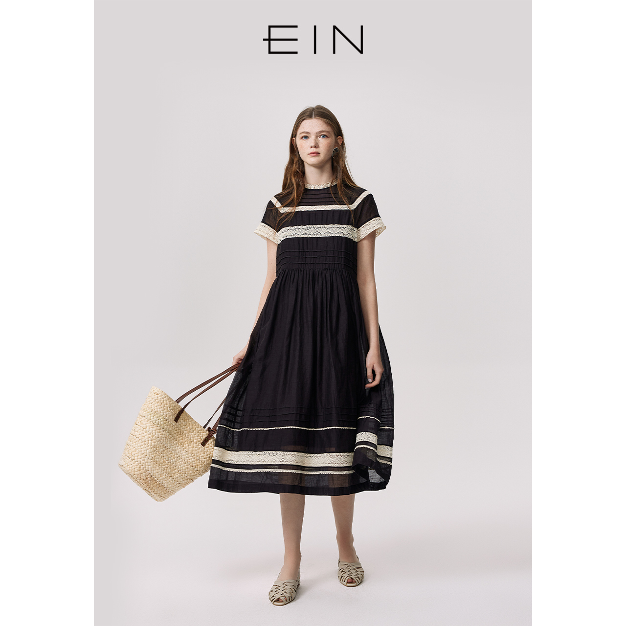 EIN/言【轻礼服】25夏季复古小黑裙中长款丝棉短袖蕾丝度假连衣裙