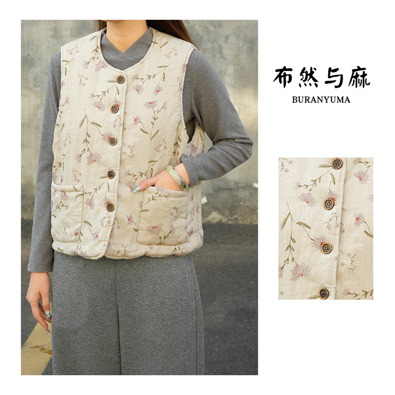 BRCP/布然初品冬季汉麻女马夹保暖复古常规款马甲圆领田园风3225