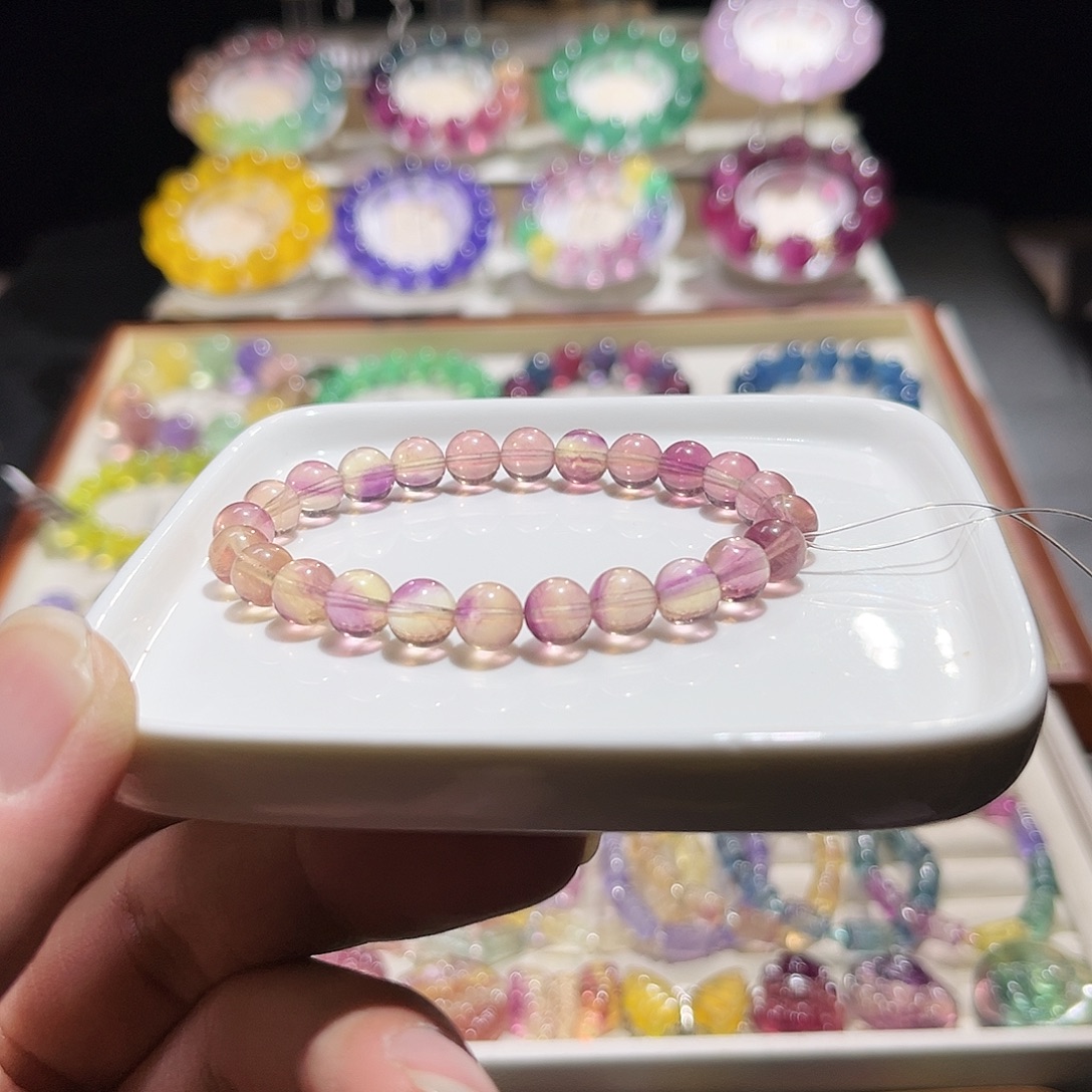 萤石未镶嵌手串蜜桃粉7加