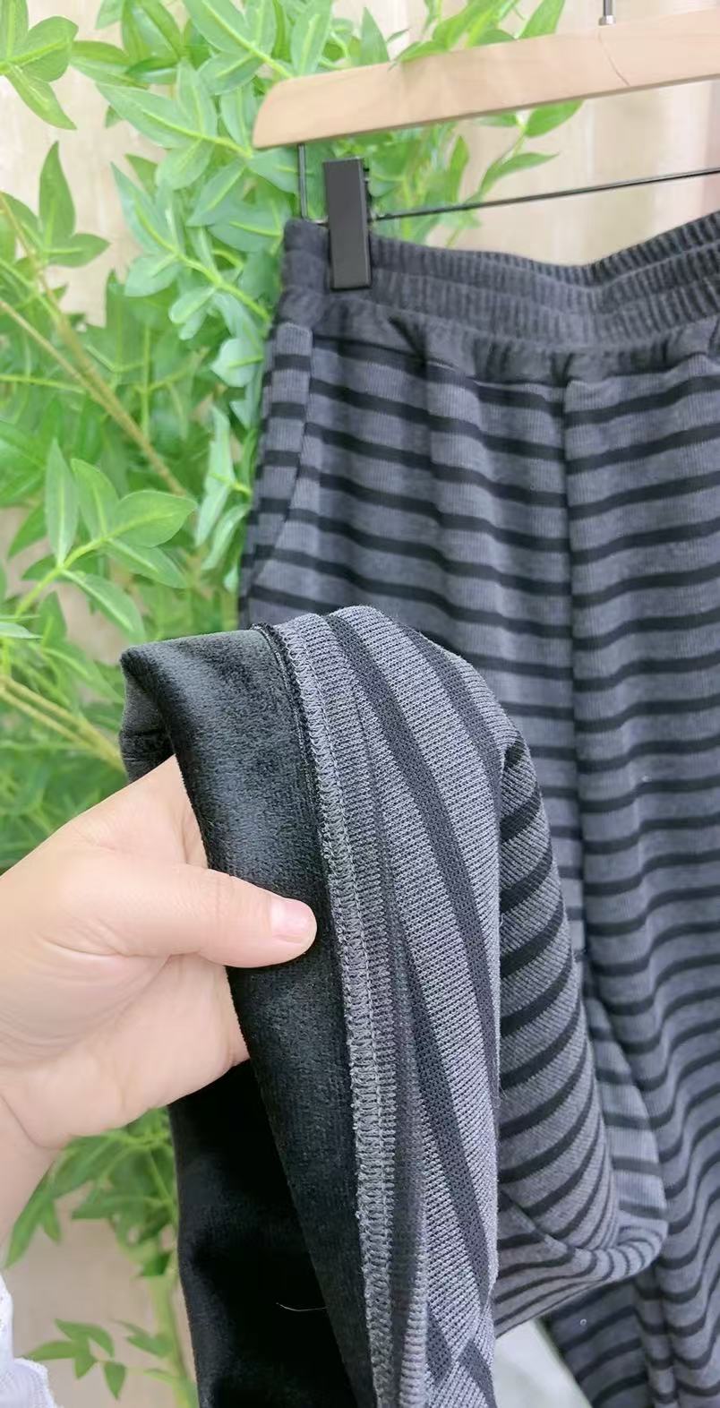 LN-3206胖妹妹条纹高腰休闲裤木耳边裤子宽松韩版裤