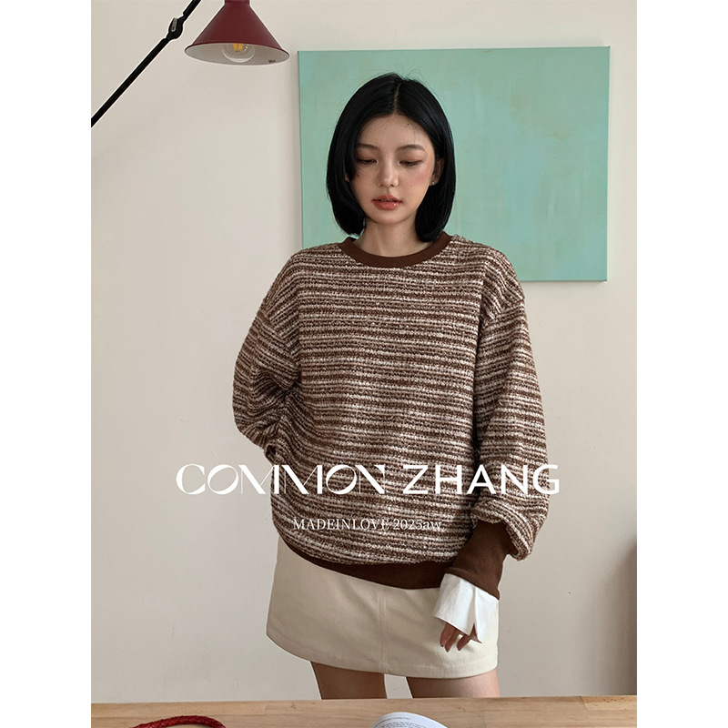 CZ ZHANG秋针织衫撞色拼接衬衫袖复古条纹宽松休闲套头毛衣B30941