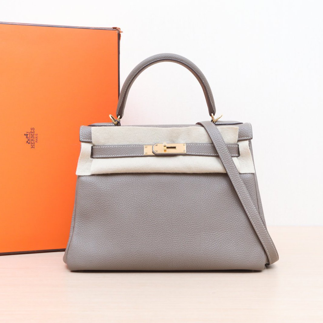95新 Hermes/爱马仕 小花攀攀Kelly 28 大象灰 Togo皮 A刻 金扣 