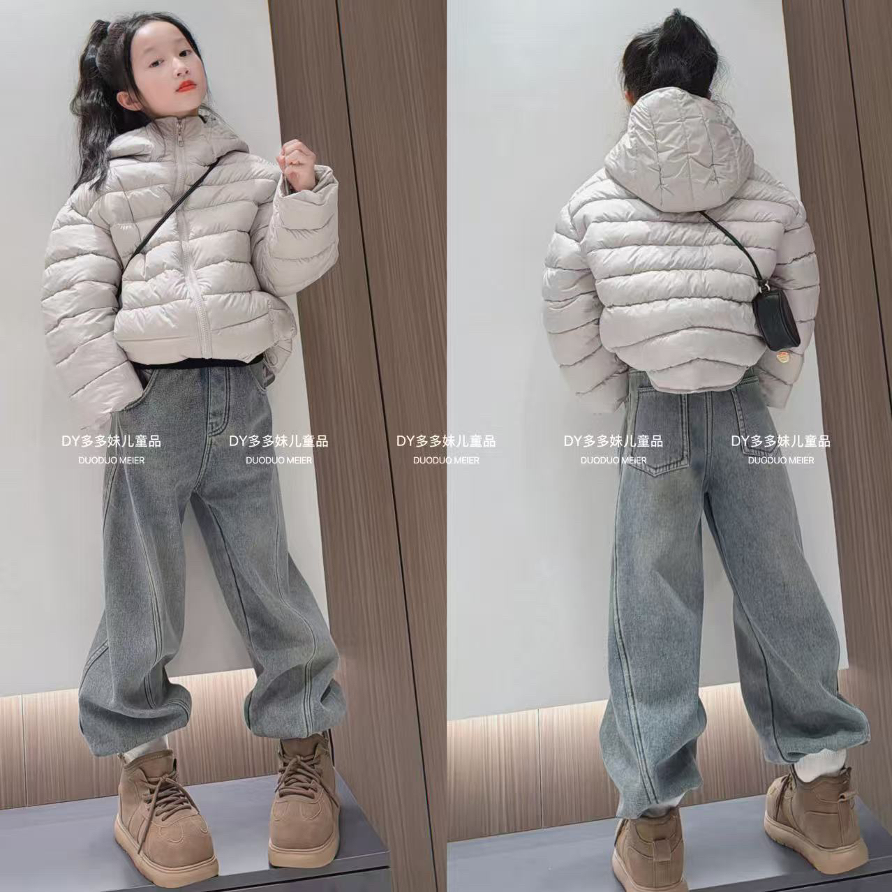 排骨泡芙棉服女童短款2025冬季新款韩版防寒连帽时尚加绒牛仔裤