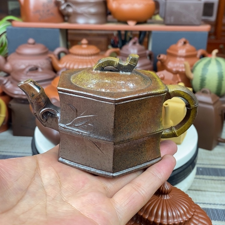 紫砂茶壶六方竹节200cc原矿老紫泥柴烧