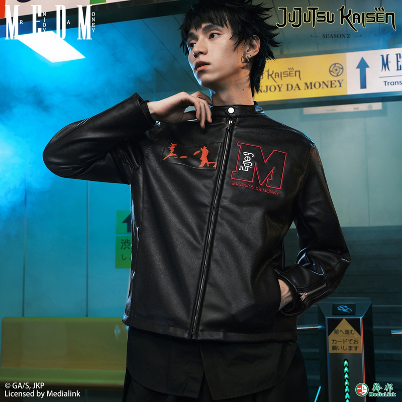 MEDM×咒术回战联名-两面宿傩动漫贴布休闲立领夹克皮衣拉链外套